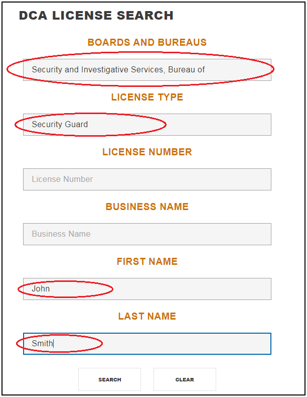 CA State DCA Breeze License Search Dialog Example